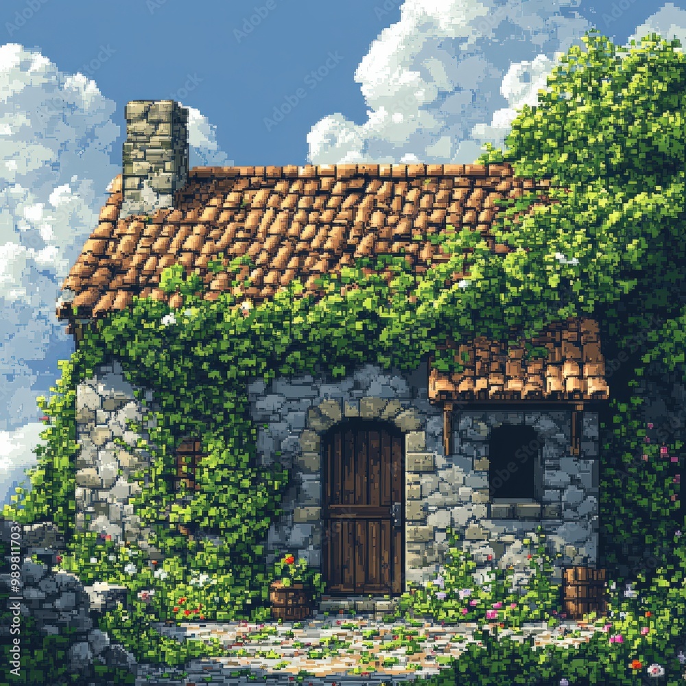 Fototapeta premium Pixel art of a rustic countryside house surrounded by nature