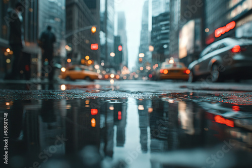 city street reflection in puddle - rainy day, urban, dark, blue, grey, new york city, abstract, background, texture, moody, atmospheric, reflection, light, street, wet