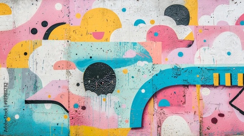 Dreamy graffiti wall with soft pastel tones, abstract street art blending into clouds