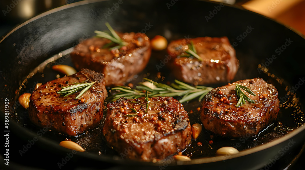 Sizzling steak fillets in a pan with herbs and garlic, showcasing deliciously cooked meat. Sizzling steak fillets in a pan with herbs and garlic, showcasing deliciously cooked meat.