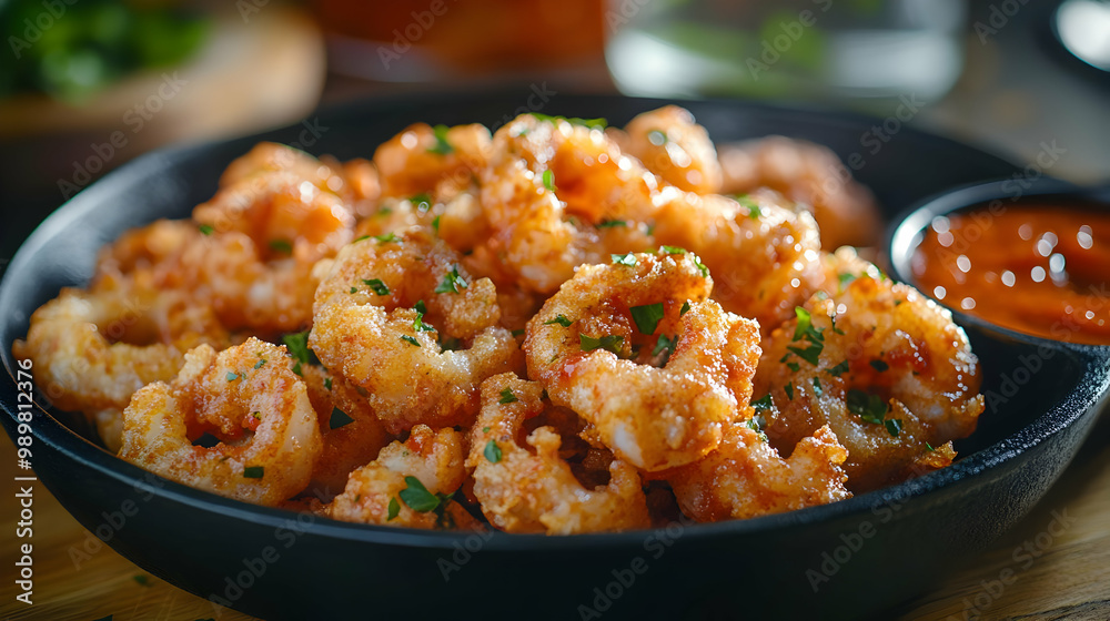 Delicious, crispy fried shrimp served in a black bowl with a tangy dipping sauce, garnished with fresh herbs. Delicious, crispy fried shrimp served in a black bowl with a tangy dipping sauce, garnished with fresh herbs.