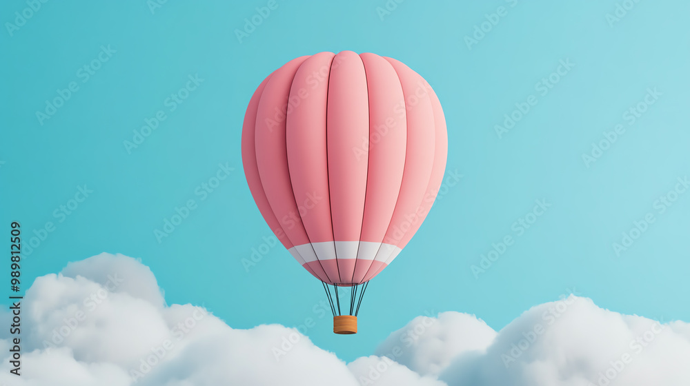 Obraz premium A beautiful pink hot air balloon soaring above fluffy white clouds against a bright blue sky, evoking feelings of adventure and freedom.