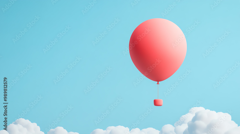 Fototapeta premium A vibrant pink balloon floating high in a clear blue sky above soft white clouds, evoking a sense of joy and freedom in a picturesque landscape.