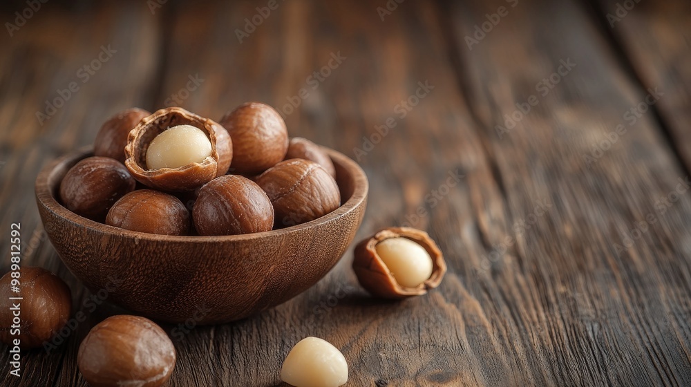 a photo of macadamia nuts on the wooden table a photo of macadamia nuts on the wooden table