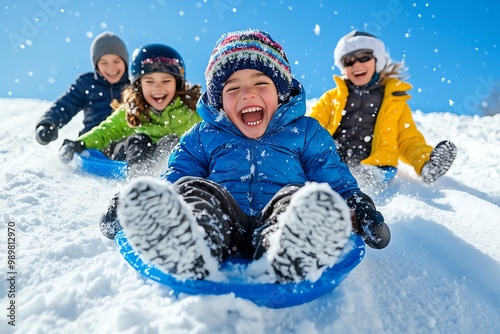 A family sledding down a snowy hill, laughing and enjoying the thrill of winter fun together