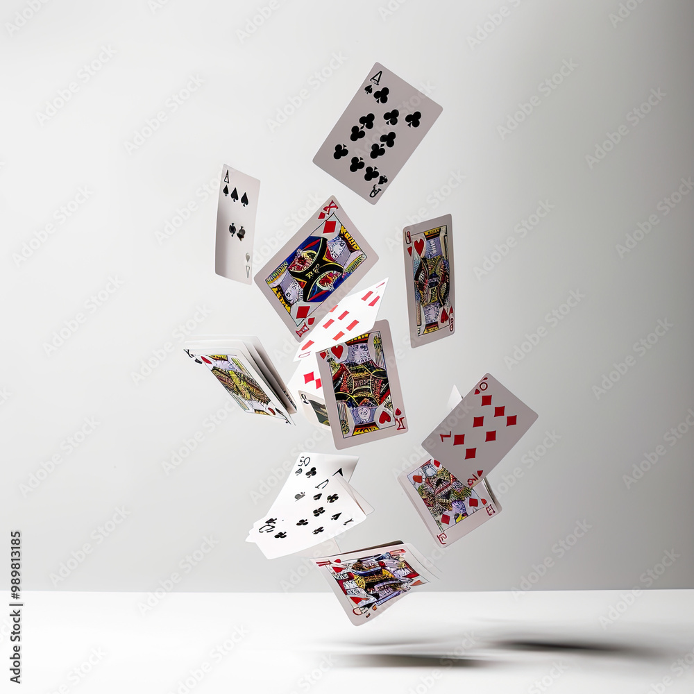 Mid-Air Playing Cards Suspended in Motion, Highlighting Suits and Numbers on White