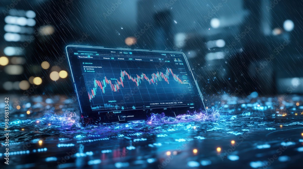 Financial Graph on Laptop with Rain and Water Effect Financial Graph on Laptop with Rain and Water Effect