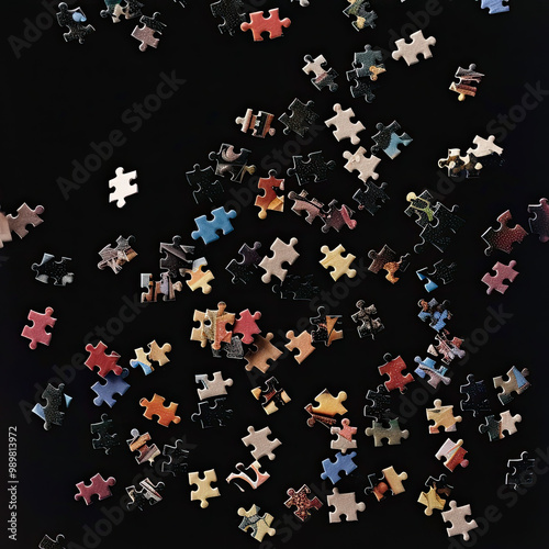 Obraz na płótnie Puzzle Pieces in Motion, Highlighting Details and Depth Against a Black Backdrop w salonie