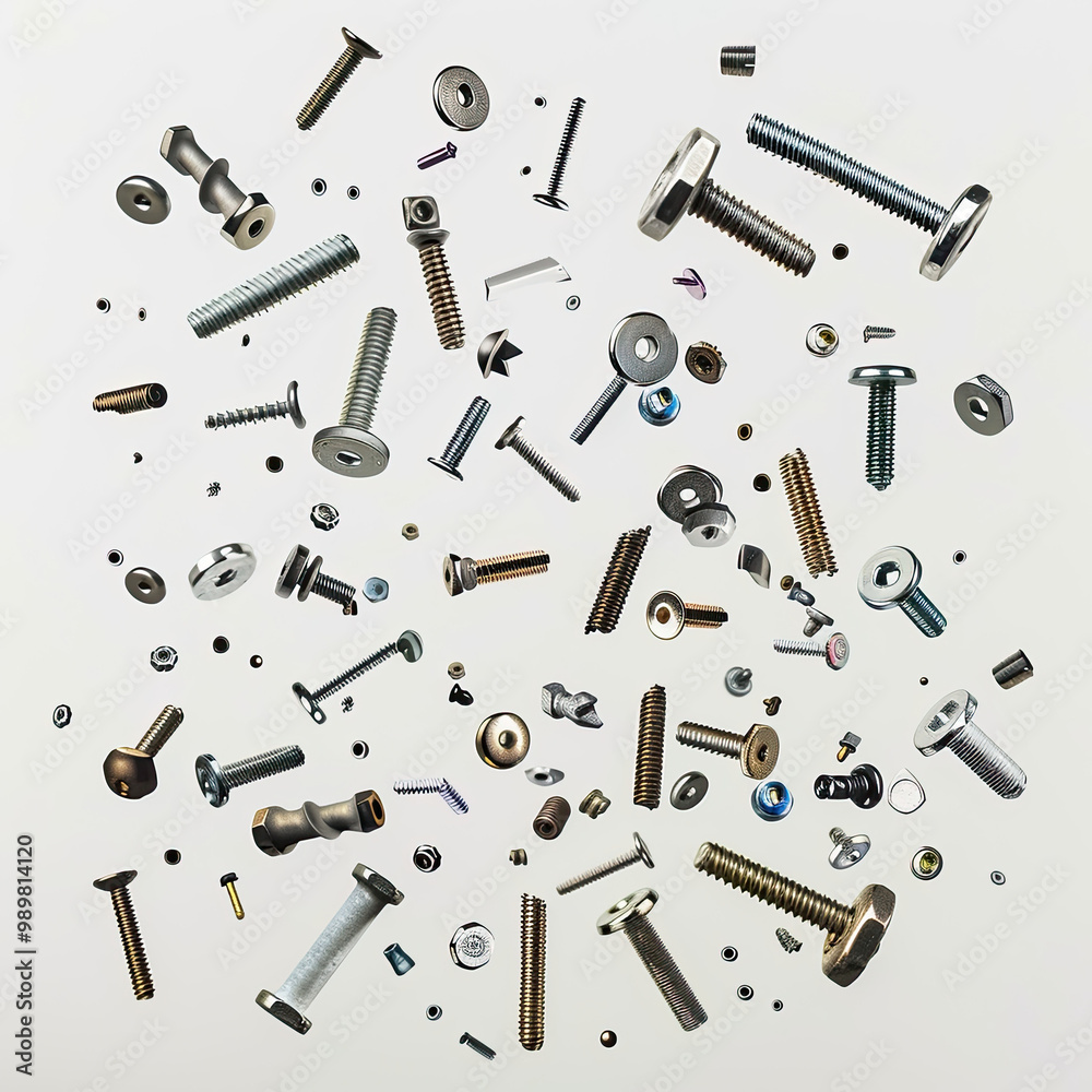Hardware Pieces Suspended Mid-Air, Showcasing Varying Sizes and Materials Against White
