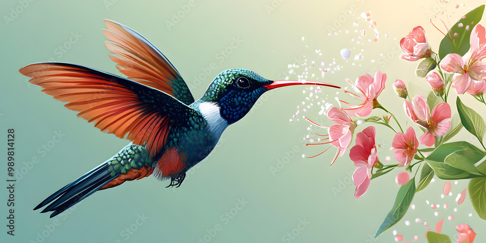 Fototapeta premium Vibrant Hummingbird Feeding on Flowers