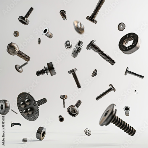 Obraz na płótnie Industrial Screws and Bolts Floating in Mid-Air, Highlighting Textures and Metal Details w salonie