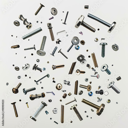 Obraz na płótnie Hardware Pieces Suspended Mid-Air, Showcasing Varying Sizes and Materials Against White w salonie