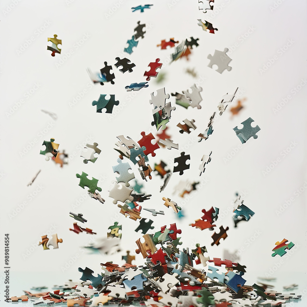 Tiny Puzzle Pieces Falling Mid-Air with Crisp Lighting on a White Background