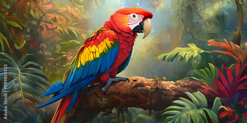 Fototapeta premium Vibrant parrot perched in lush forest