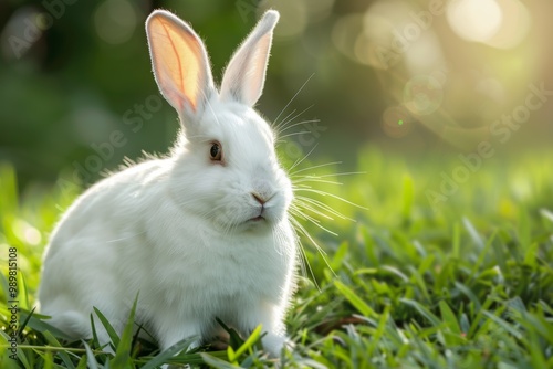 A white domestic rabbit with long ears sits gracefully on lush green grass in soft daylight illuminating the tranquil scene photo