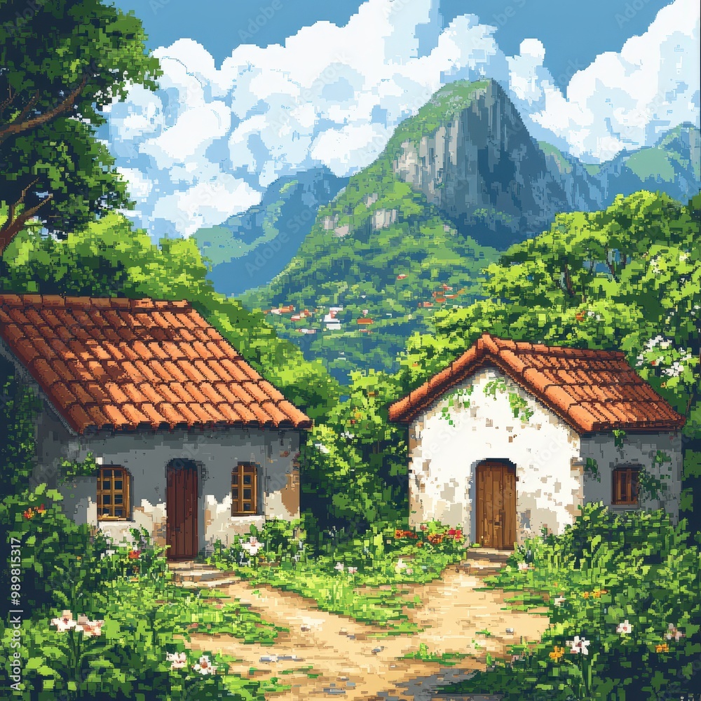 Pixel art of a rustic countryside house surrounded by nature Pixel art of a rustic countryside house surrounded by nature