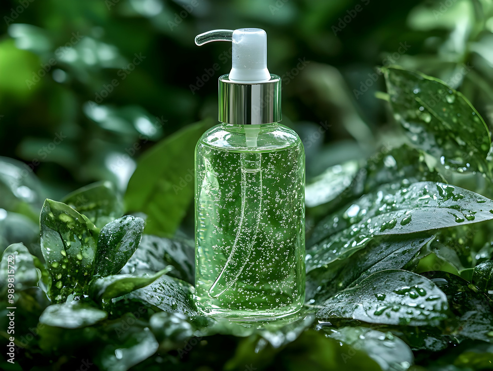 Green liquid soap bottle surrounded by fresh green leaves with dew, perfect for nature-inspired or eco-friendly themes. Green liquid soap bottle surrounded by fresh green leaves with dew, perfect for nature-inspired or eco-friendly themes.