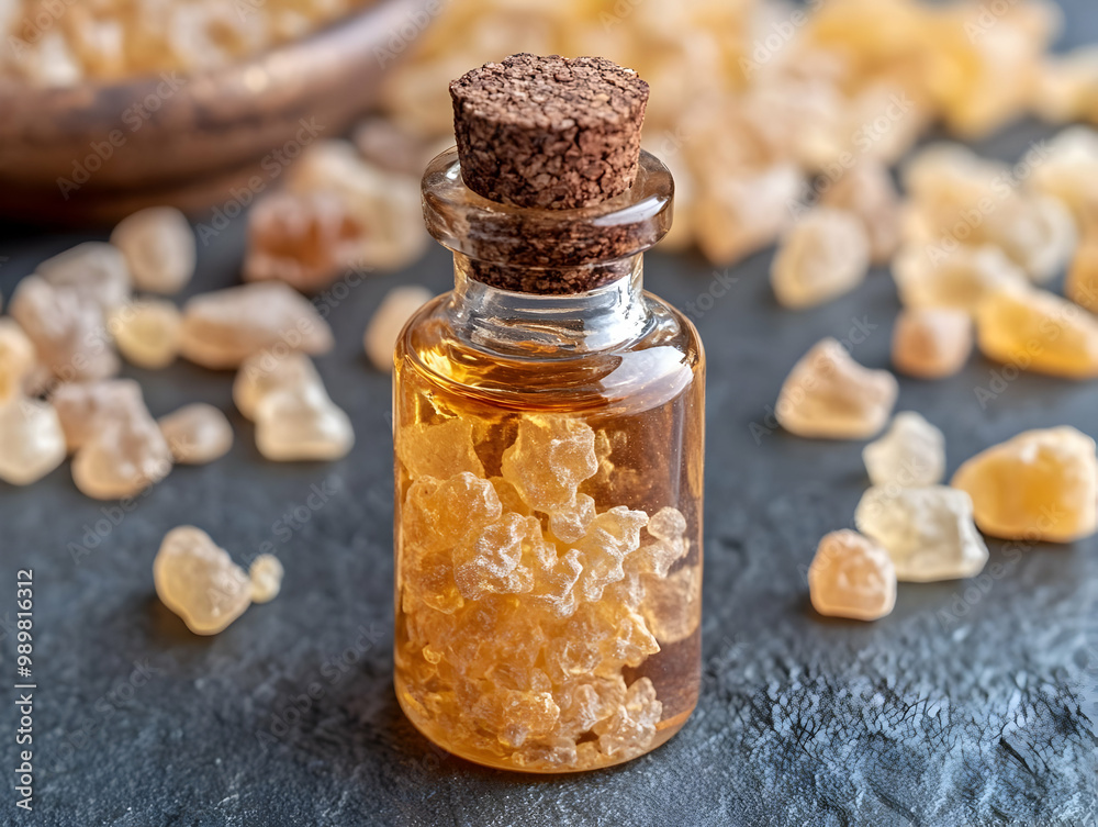 A glass bottle filled with golden resin on a dark stone surface, surrounded by resin pieces, showcasing natural ingredients. A glass bottle filled with golden resin on a dark stone surface, surrounded by resin pieces, showcasing natural ingredients.