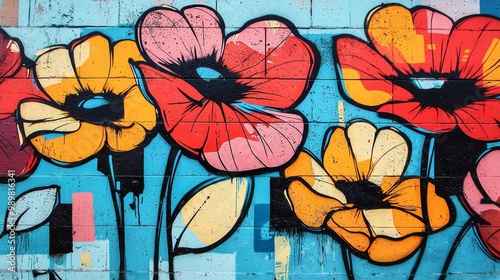 Graffiti wall with bright floral designs, large flowers painted with bold colors