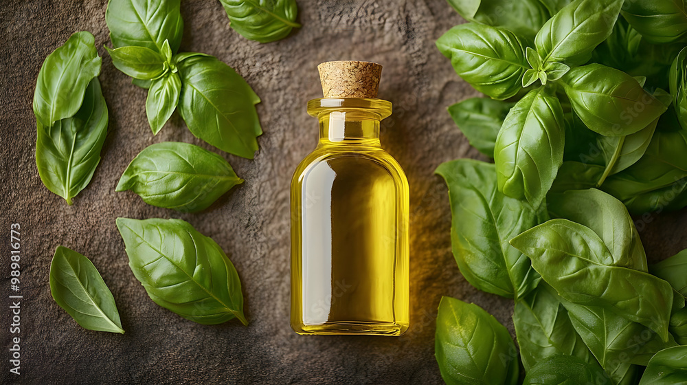 Basil oil bottle surrounded by fresh basil leaves on a textured stone surface. Basil oil bottle surrounded by fresh basil leaves on a textured stone surface.