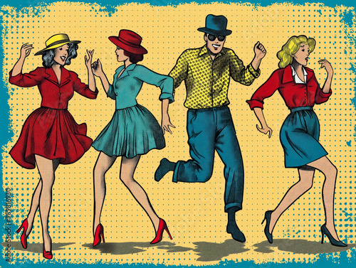 A group of people are dancing and one of them is wearing a red dress. The image has a vintage feel to it and the people are dressed in old-fashioned clothing photo