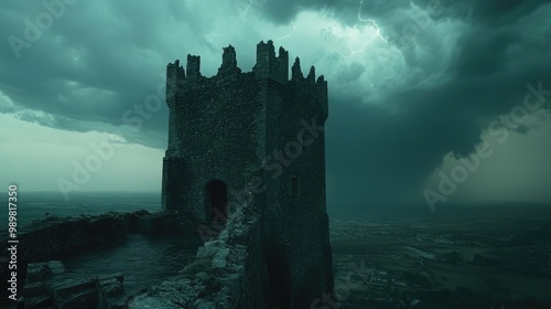 Forsaken grandeur: gloomy, deserted castle shrouded in eerie quiet, its once majestic halls now consumed by decay, lingering memories, unsettling atmosphere of solitude, abandonment. photo