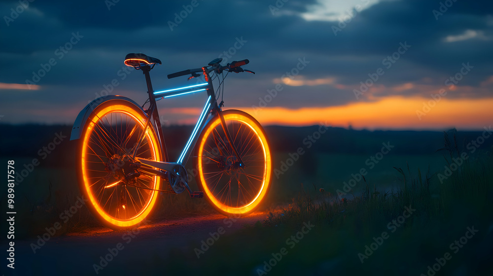 Fototapeta premium A bicycle with glowing orange wheels parked on a path during a picturesque sunset, showcasing vibrant colors and serene surroundings.
