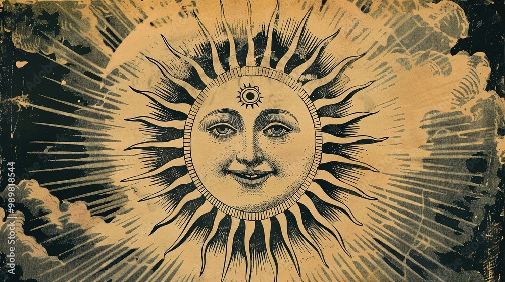 Fototapeta premium Esoteric Vintage Illustration Featuring a Joyful Smiling Sun