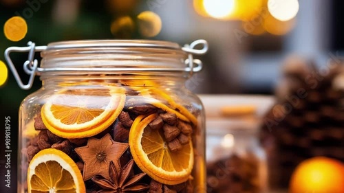 Glass jar filled with potpourri ingredients including dried orange slices, star anise, cinnamon sticks and more sits on a table with a christmas tree in the background