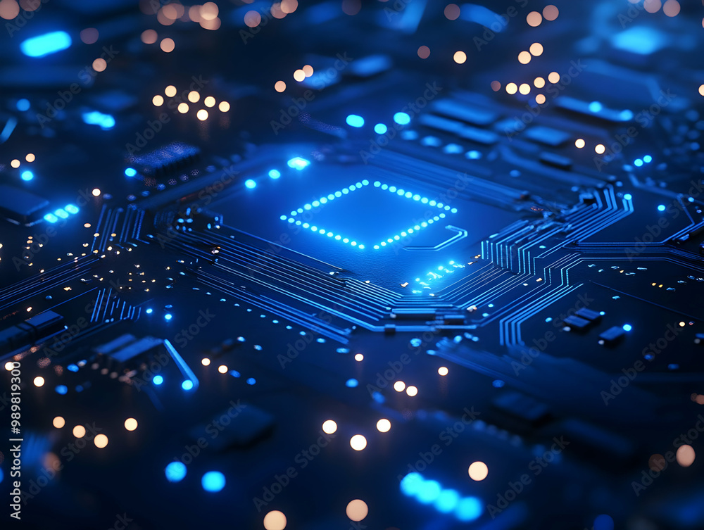 Obraz premium Close-up view of a blue glowing circuit board showcasing electronic components and intricate patterns.