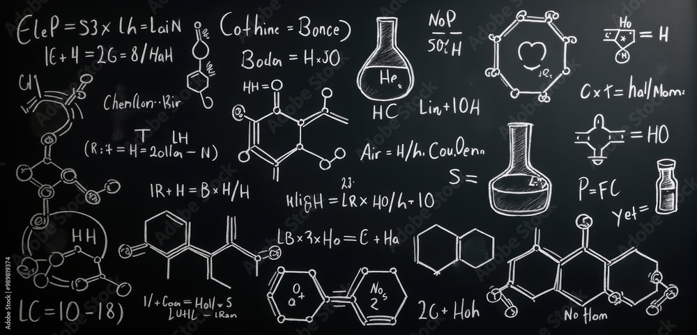 A chalkboard filled with chemical equations and molecular structures, ideal for educational materials in chemistry, science classes, or research presentations. A chalkboard filled with chemical equations and molecular structures, ideal for educational materials in chemistry, science classes, or research presentations.