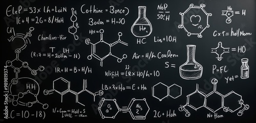 A chalkboard filled with chemical equations and molecular structures, ideal for educational materials in chemistry, science classes, or research presentations.