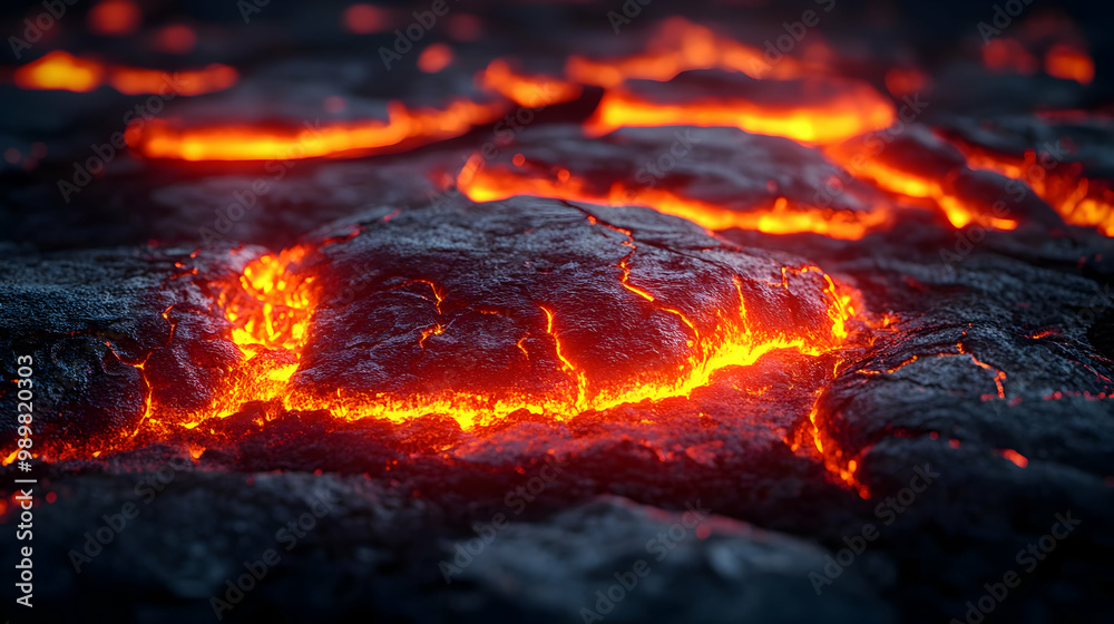 Close-up view of molten lava flowing over volcanic rock, glowing with orange and red hues against dark surfaces. Close-up view of molten lava flowing over volcanic rock, glowing with orange and red hues against dark surfaces.