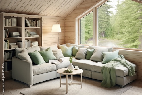 Cozy modern living room with green accents in a cabin surrounded by trees in daylight