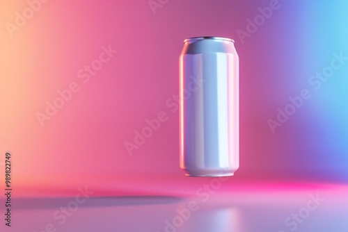 An empty white soda can floats effortlessly in a vibrant neon abstract background, creating a captivating visual effect