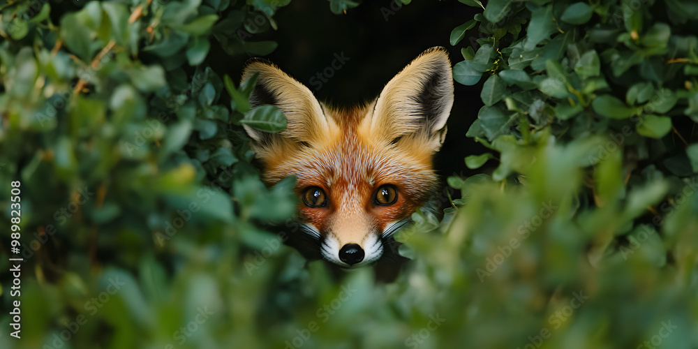 Curious fox peeking from bush Curious fox peeking from bush