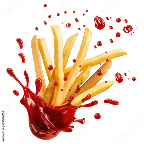 flaying french fries with ketchup splash isolated on transparent white background, clipping path