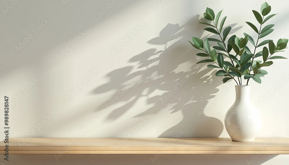 Minimalist Wooden Countertop and White Wall Background with Plant for Clean Product Display Minimalist Wooden Countertop and White Wall Background with Plant for Clean Product Display