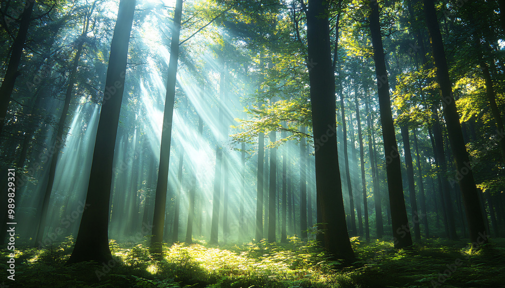 Obraz premium Tall, misty trees with sunlight streaming through the branches, creating a magical and mysterious forest atmosphere