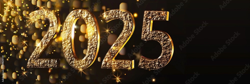 Glittering golden numbers 2025 surrounded by sparkling bubbles and lights, creating a festive and futuristic atmosphere for New Year's Eve celebration. Glittering golden numbers 2025 surrounded by sparkling bubbles and lights, creating a festive and futuristic atmosphere for New Year's Eve celebration.