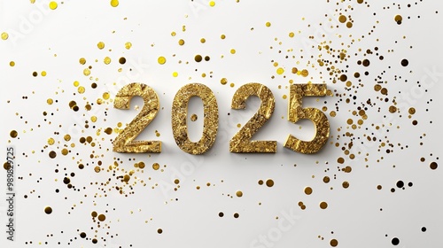 Glittering gold numbers 2025 on white background with festive confetti scatter, heralding a new year celebration with sparkle and shine.