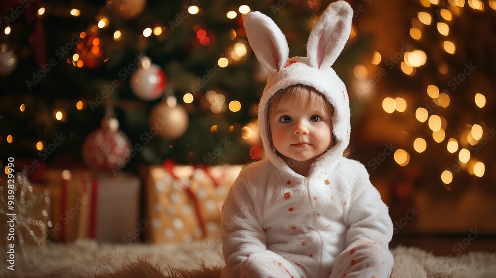 Adorable toddler in fluffy white bunny costume sits by Christmas tree, surrounded by twinkling lights and wrapped gifts, embodying holiday magic and innocence. Adorable toddler in fluffy white bunny costume sits by Christmas tree, surrounded by twinkling lights and wrapped gifts, embodying holiday magic and innocence.