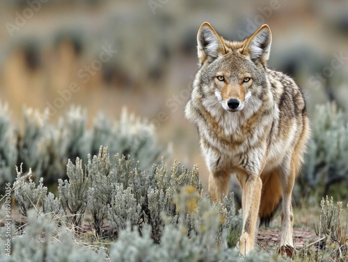 A coyote is walking through a field of tall grass. Concept of wildness and freedom, as the coyote roams through its natural habitat photo