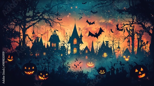Halloween illustration captures a night scene with bats and pumpkins, using vector and 3D techniques.