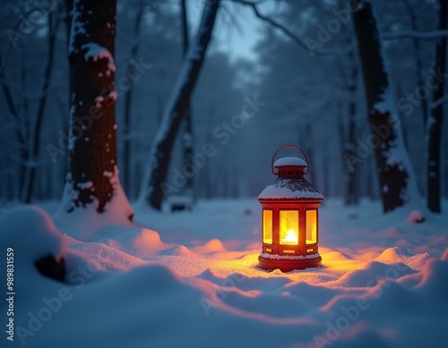 Magical Lantern in a Snowy Forest: A Winter Fantasy Come to Life 