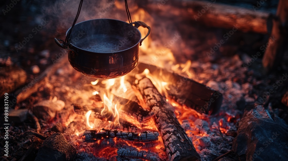 Campfire with Pot Hanging Over Flames Campfire with Pot Hanging Over Flames