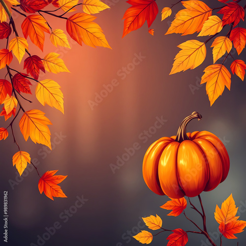 Thanks giving Autumn background copy space with pumpkin and colorful leaves on branches.