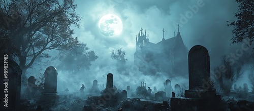 Fog-enveloped graveyard creating a haunting Halloween scene with a glowing moon.
