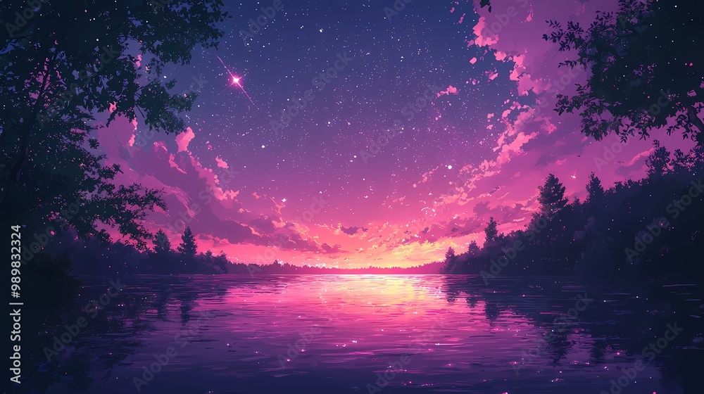 A serene sunset over a tranquil lake, with vibrant pink and purple hues reflecting on water. A serene sunset over a tranquil lake, with vibrant pink and purple hues reflecting on water.