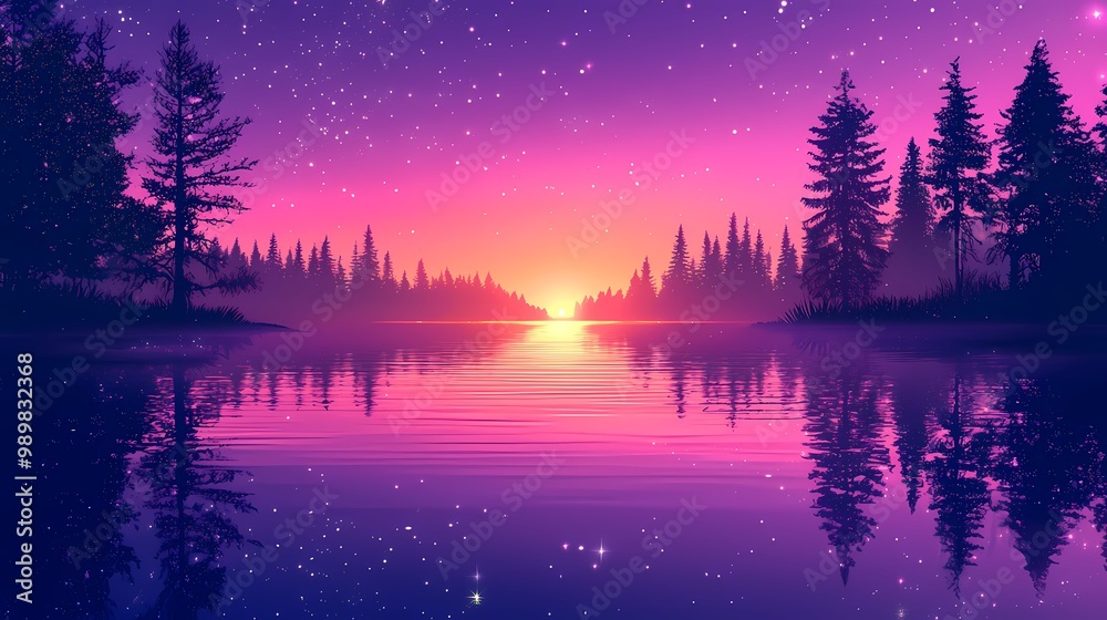 A breathtaking sunset reflecting over a tranquil lake surrounded by tall pine trees. A breathtaking sunset reflecting over a tranquil lake surrounded by tall pine trees.
